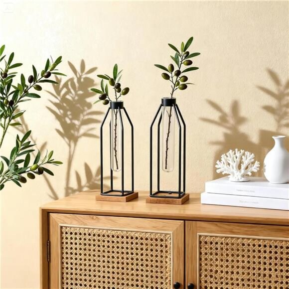 Wooden Vase Test Tube Set of 2, 11&12.5 Inch Flower Vases with Iron Stand - Picture 4 of 7